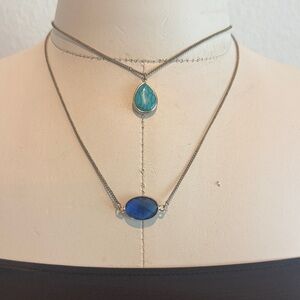 Layered Silver Necklace with Turquoise Teardrop and Sapphire Oval
